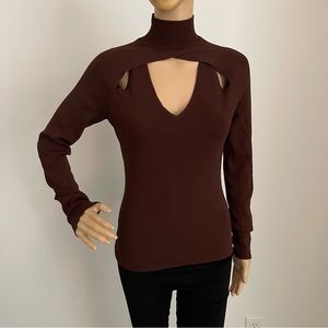 Brown Cutout Long Sleeve V-neck Blouse